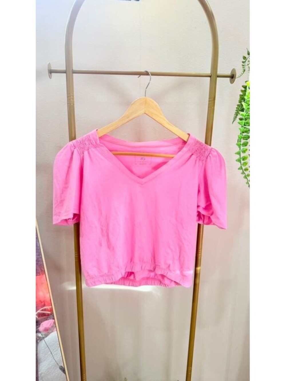 Size L Brazilian Pink Puff Sleeve V-Neck Crop Top
